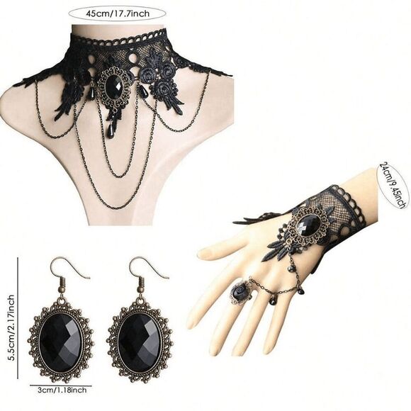 3PCS Gothic Victorian Vintage Retro Halloween Costume Black Accessories Set NEW - Picture 15 of 16